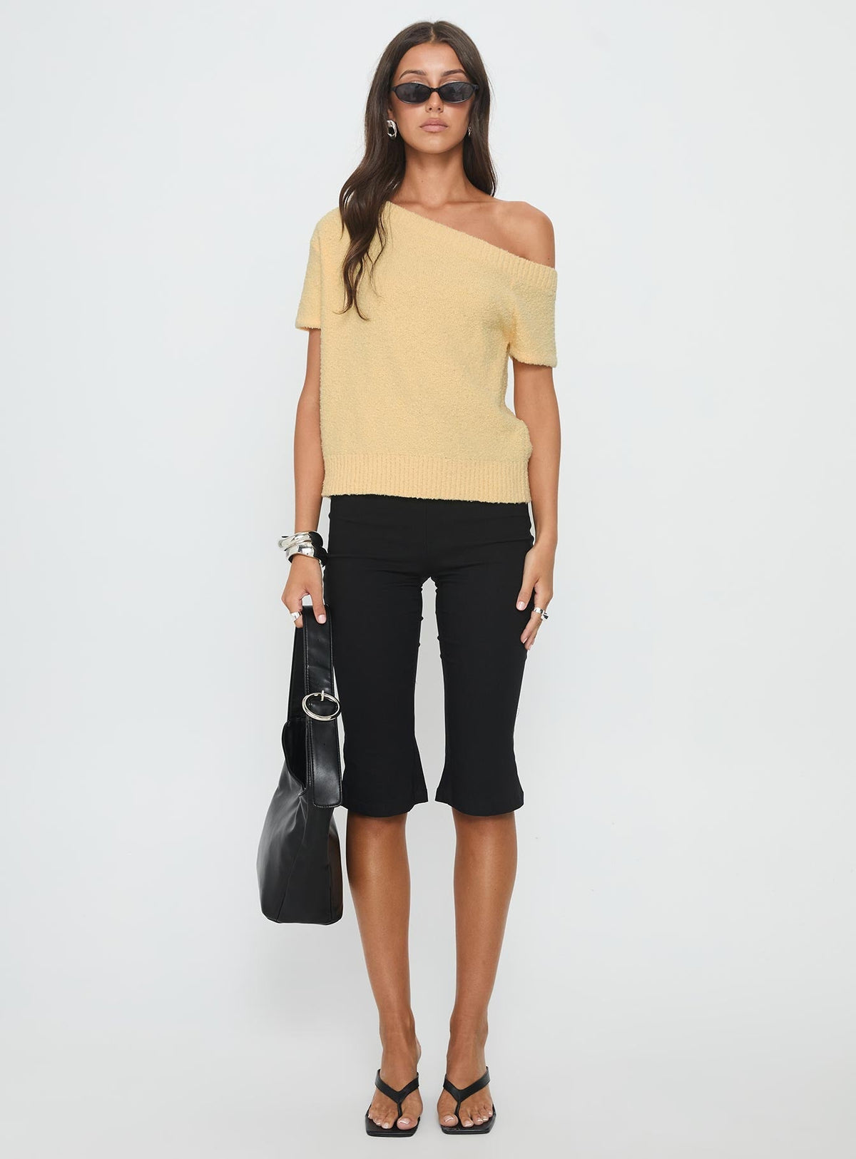 Nori Boucle Off Shoulder Slouchy Top Butter Yellow