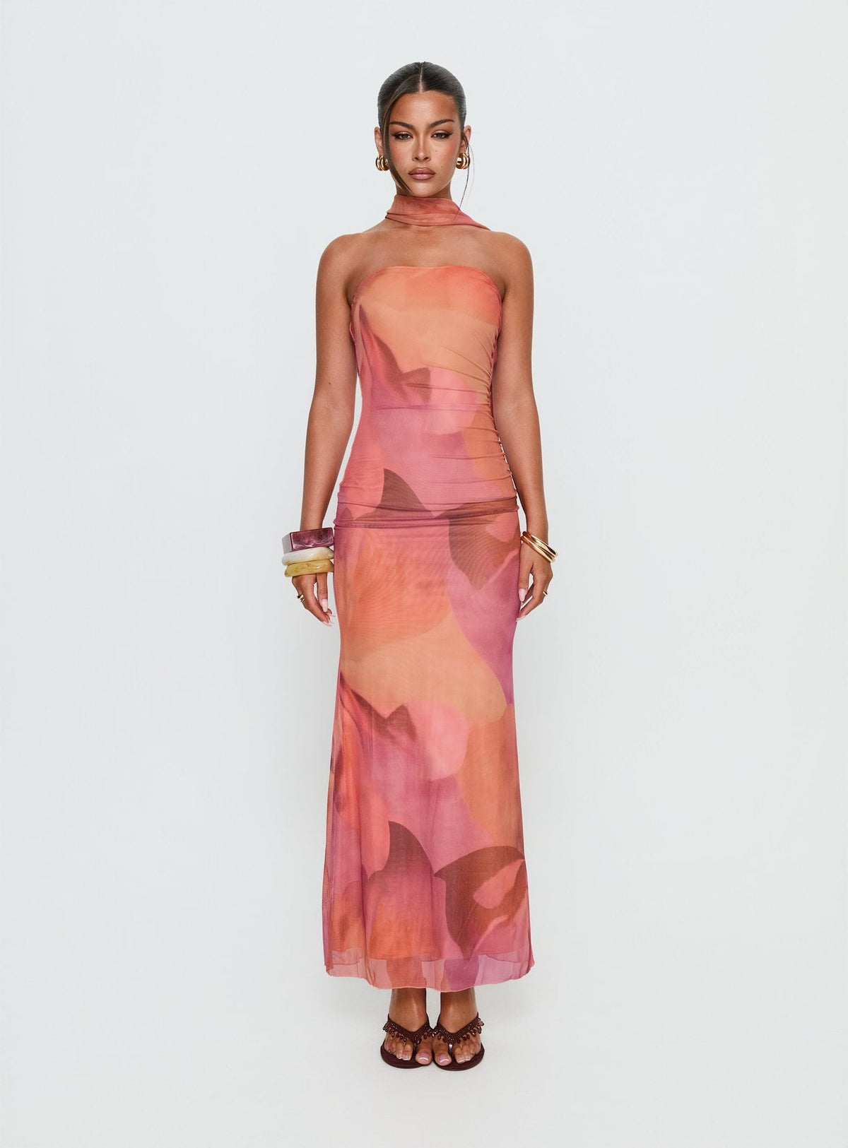 Davynn Scarf Detail Strapless Maxi Dress Pink Multi