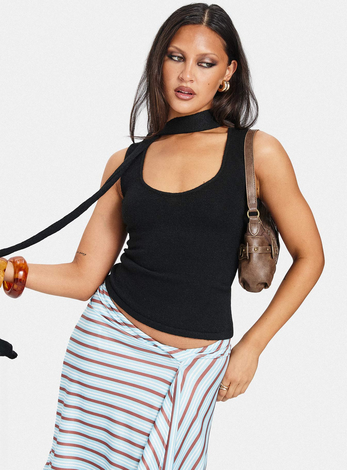 Roana Reversible Scarf Tie Knit Top Black