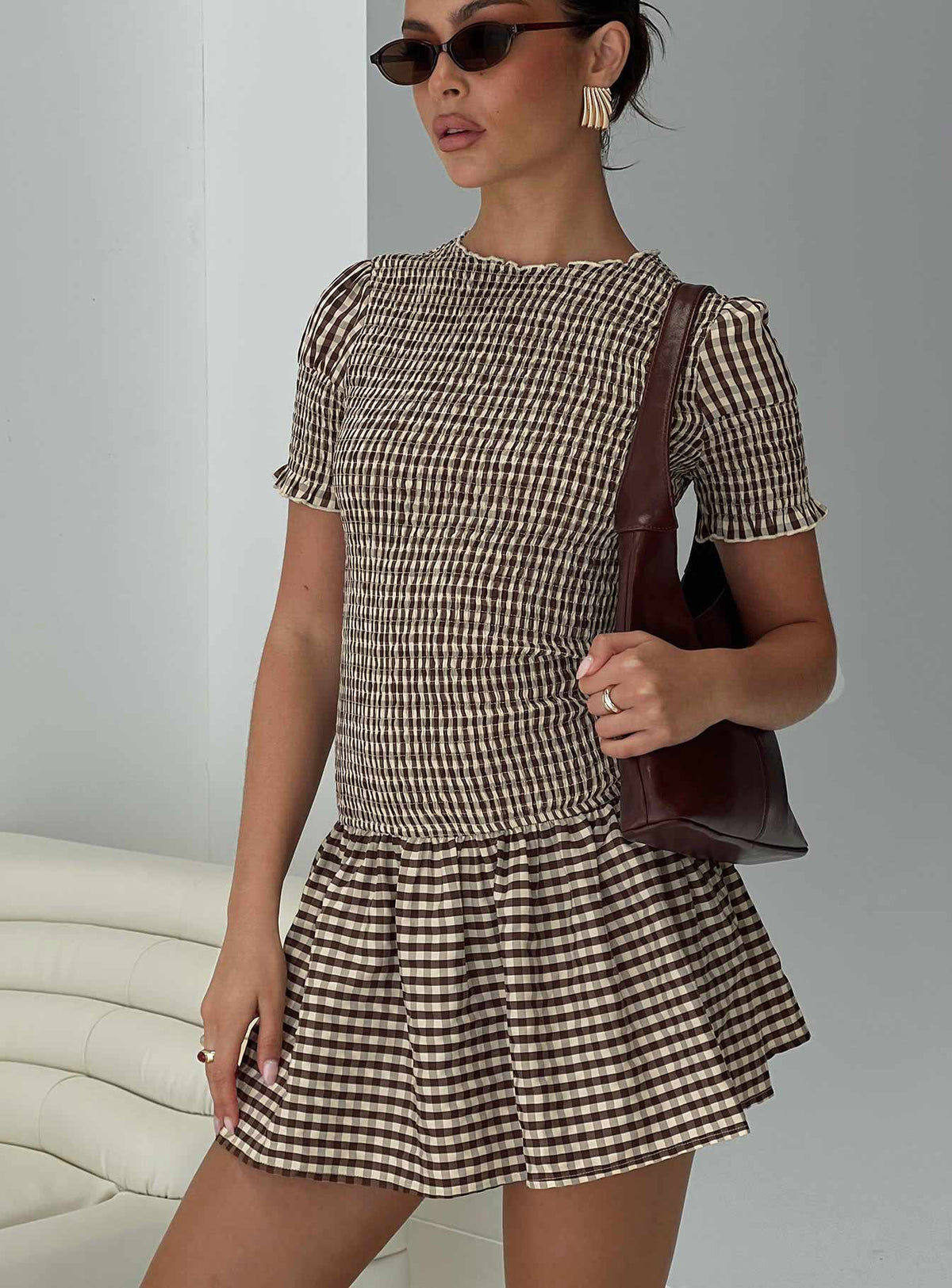 Laurita Shirred Mini Dress Brown Check Tall