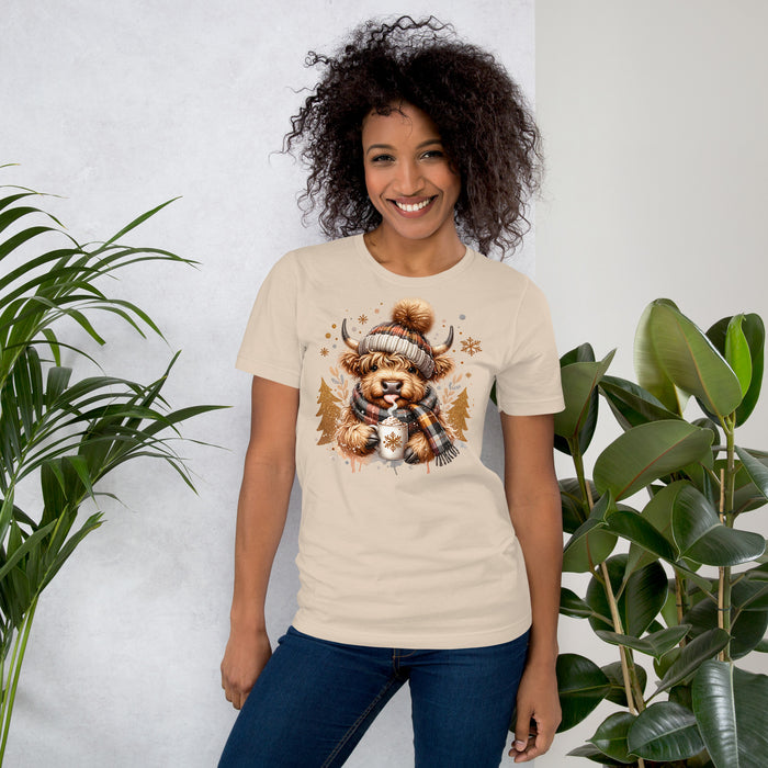 Cozy autumn shirt with Highland cow artwork for fall fashion.