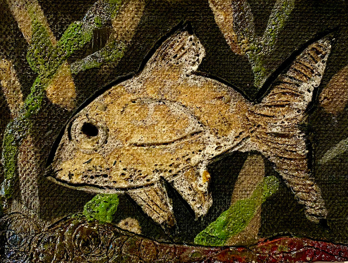 Metallic glazes Raku fired Fish Tile 6" x 3.5" metallic etched 4.5 ozs
