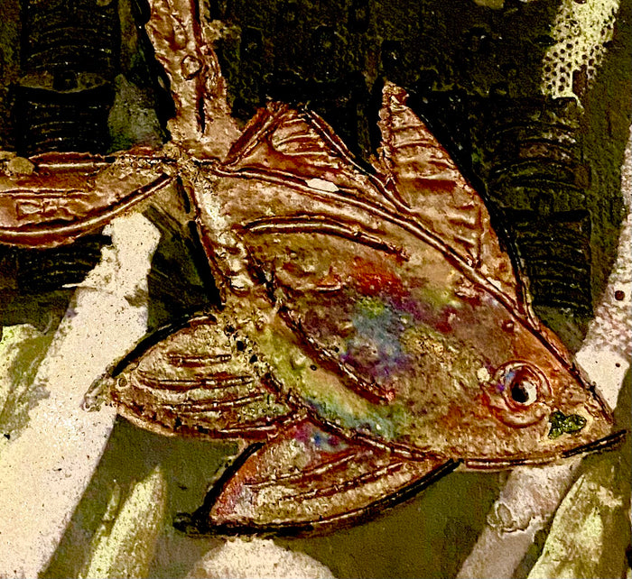 Metallic glazes Raku fired Fish Tile 5" x 4.5" metallic etched 7 ozs