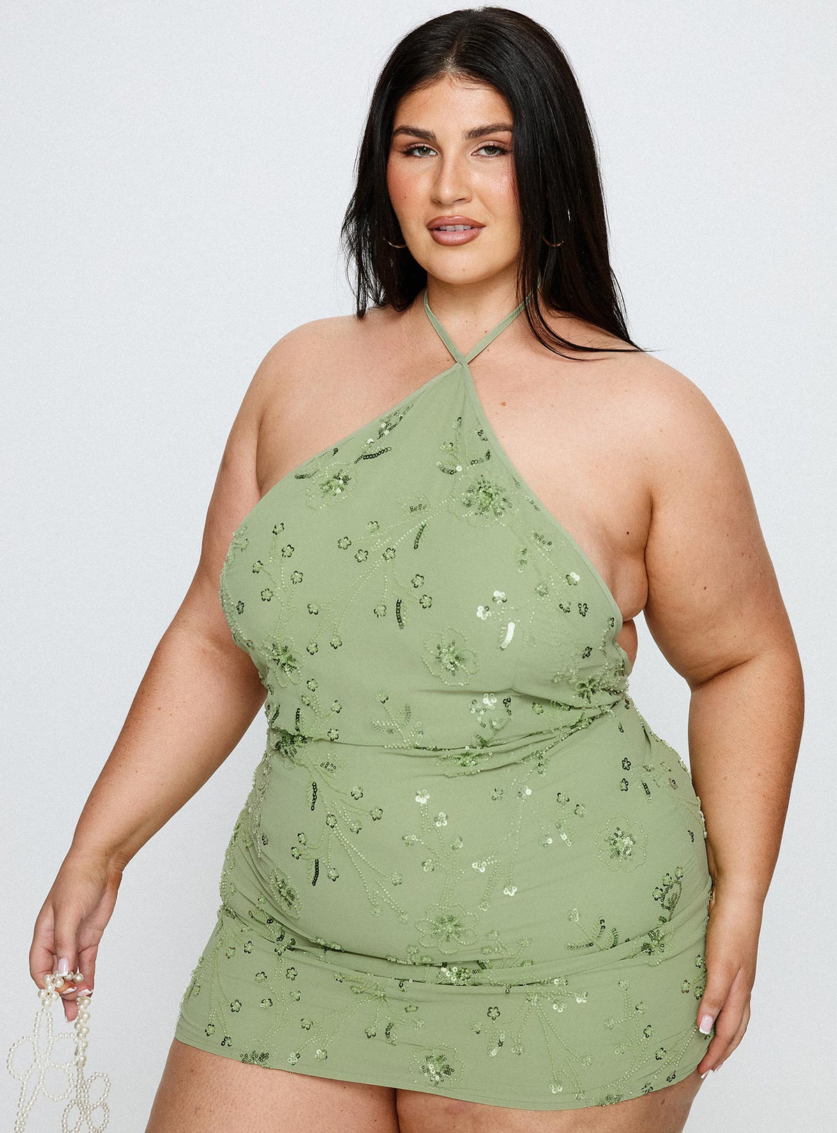 Evolet Embellished Halter Mini Dress Green Curve