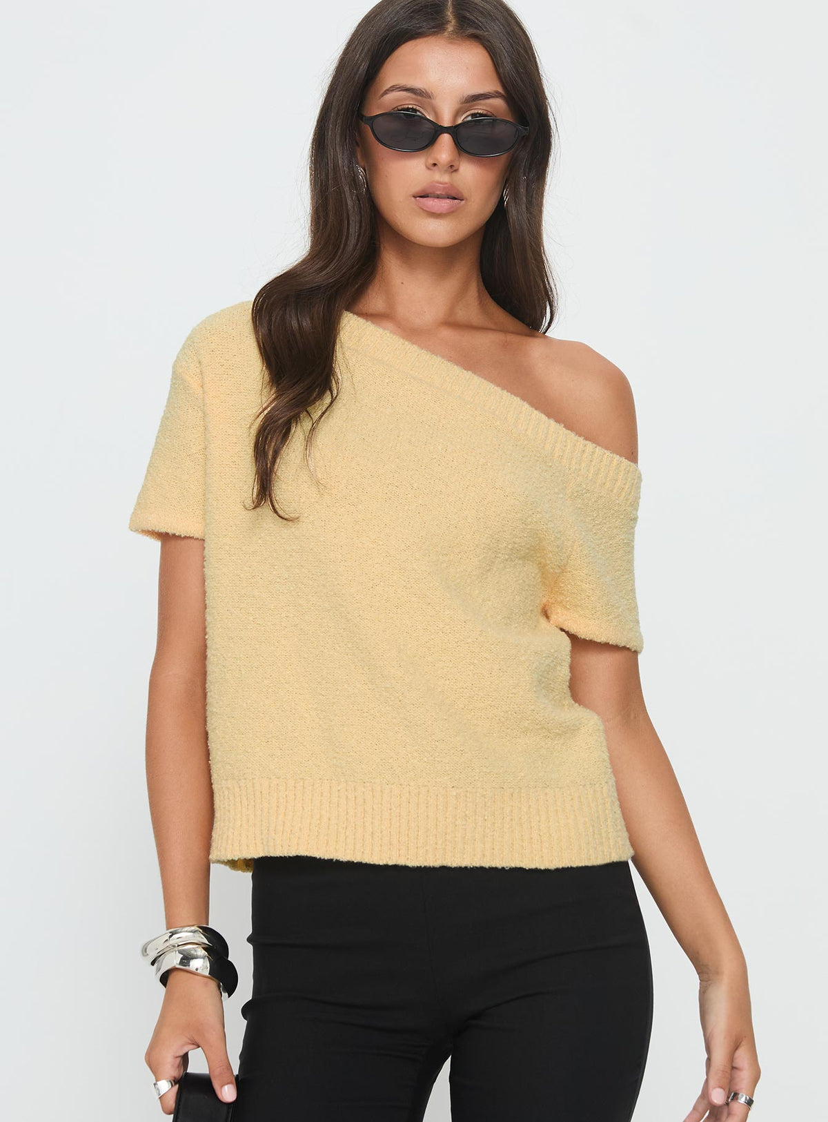 Nori Boucle Off Shoulder Slouchy Top Butter Yellow