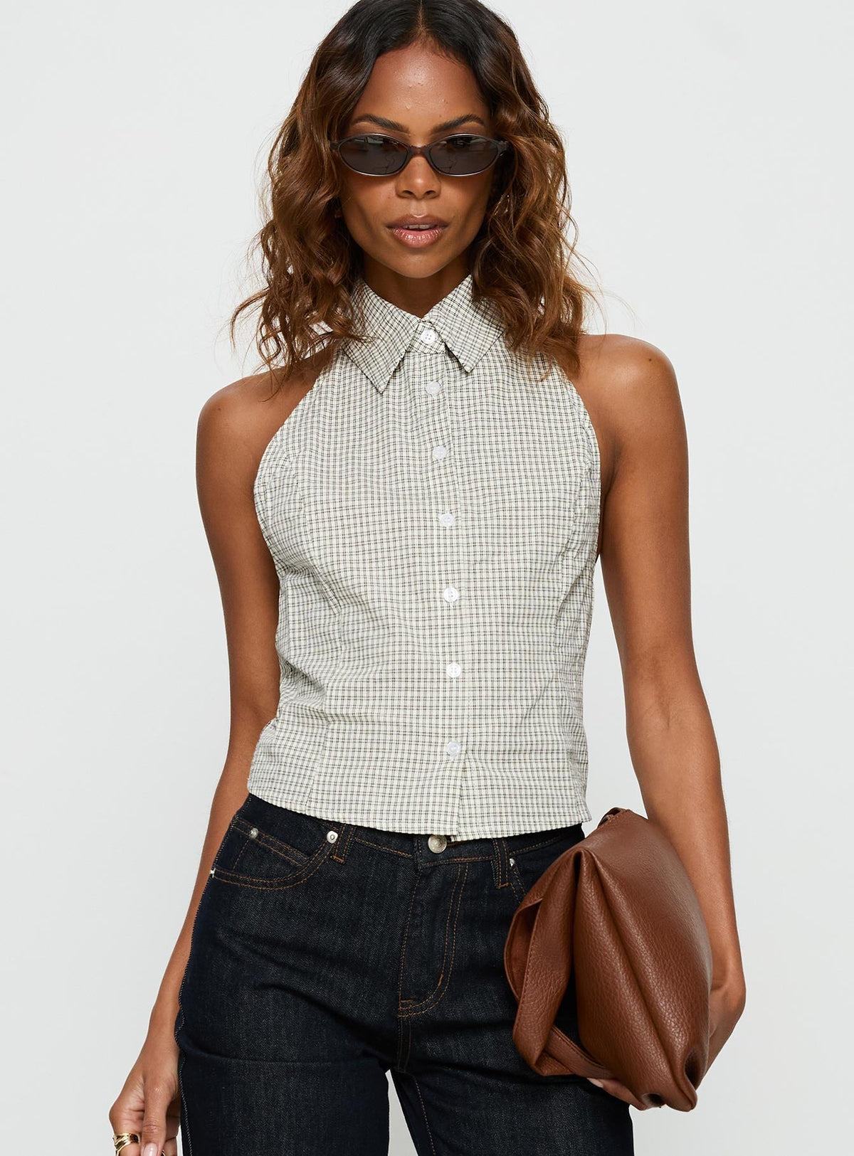 Different Dimensions Sleeveless Collared Top Check
