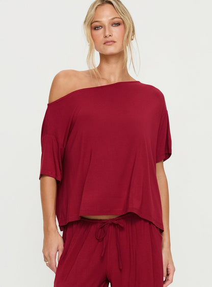 Cozy Hour Sleep Relaxed Off Shoulder Top Red