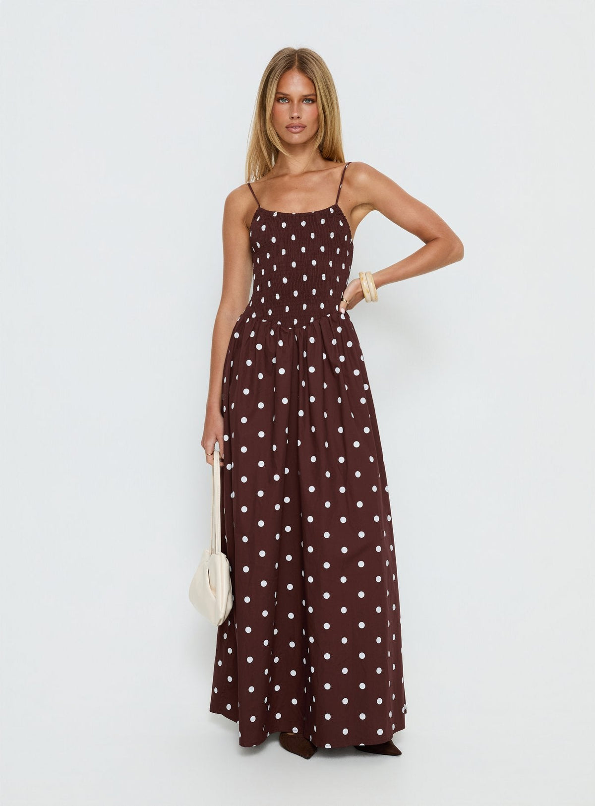 Ryna Scoop Maxi Dress Brown Polka Dot
