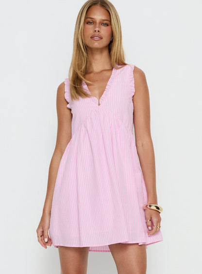 Akacia Babydoll Mini Dress Pink Stripe