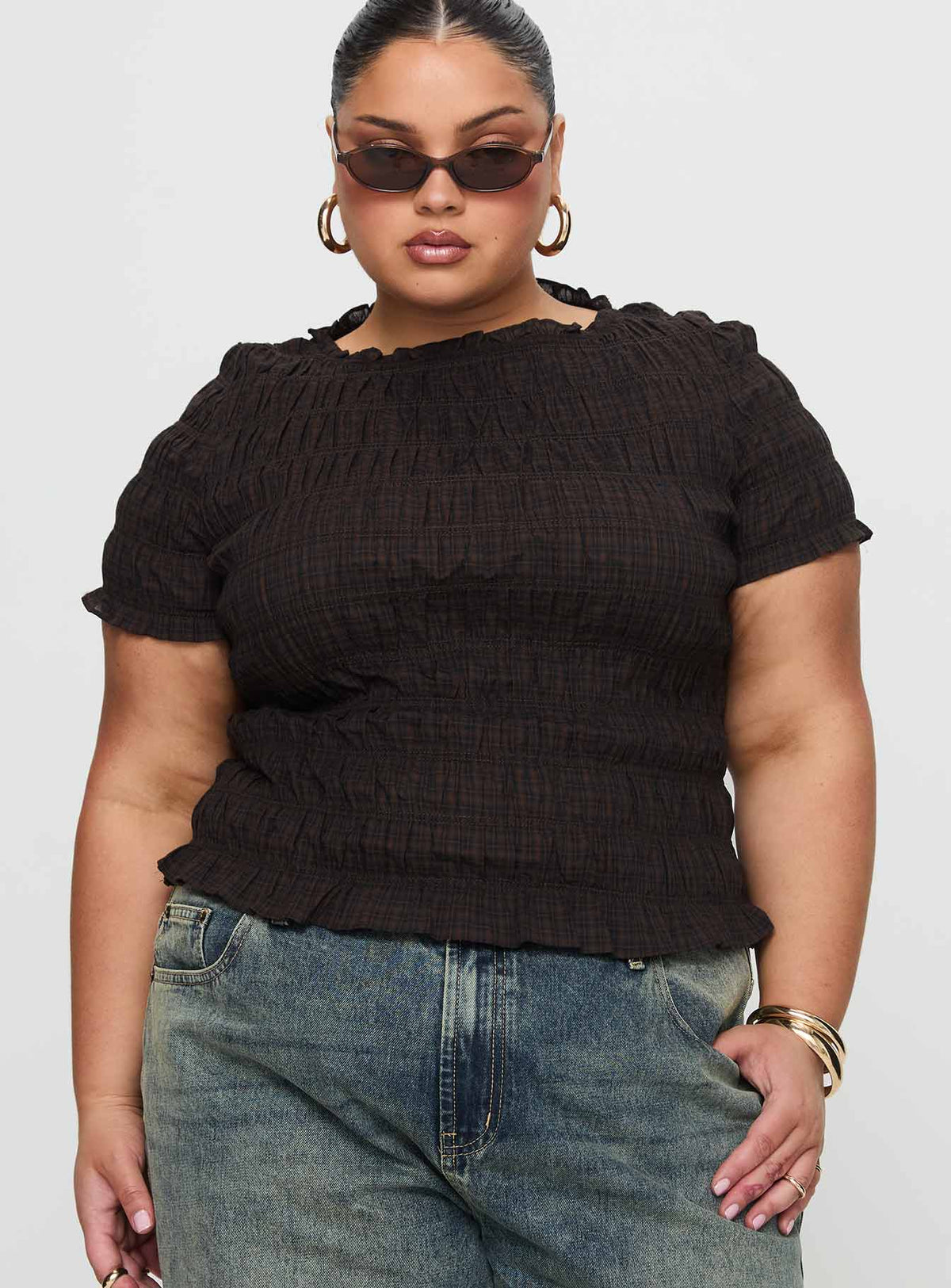 Romelle Shirred Top Black / Brown Plaid