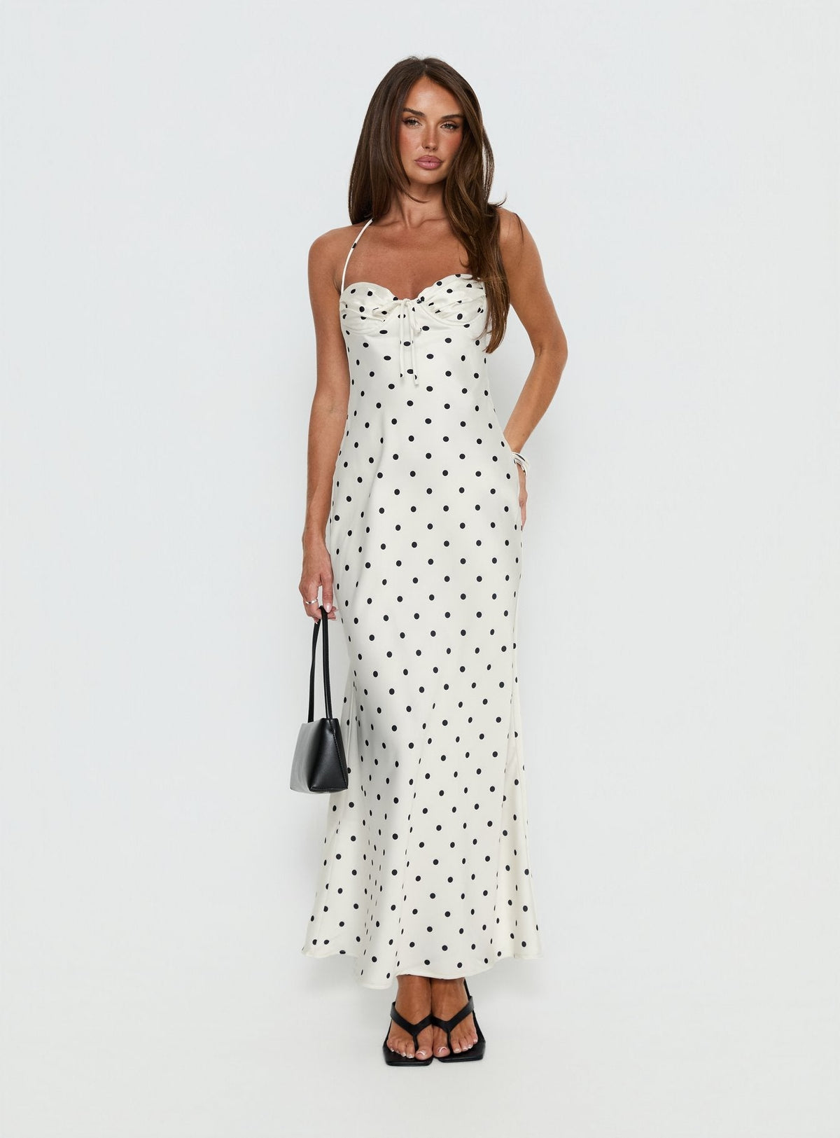 Costella Halter Satin Maxi Dress Cream Polka Dot