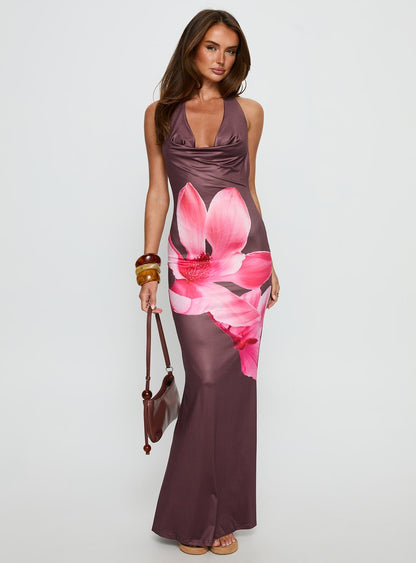 Raleina Halter Cowl Neck Maxi Dress Brown Floral
