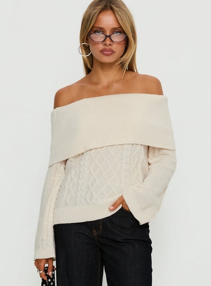 Margarete Off Shoulder Knit Sweater Cream