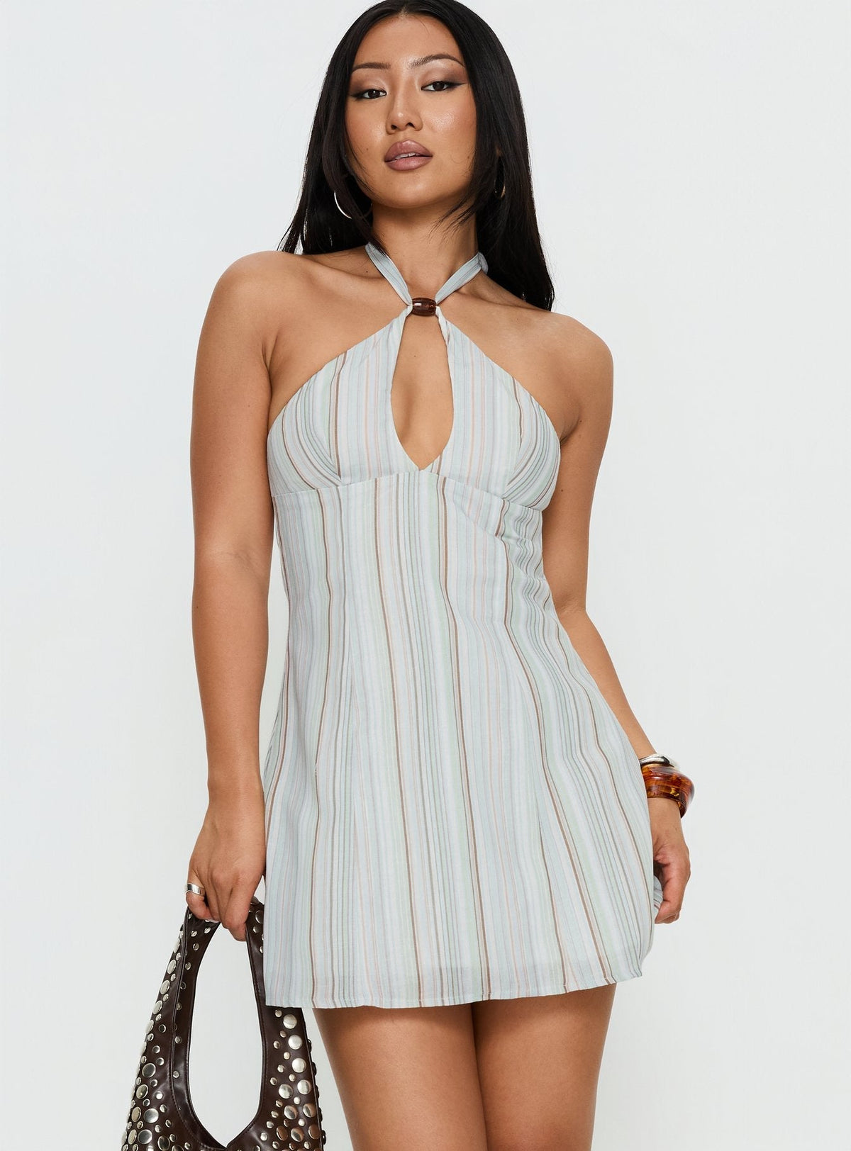 Electric Night Halter Mini Dress Blue Stripe