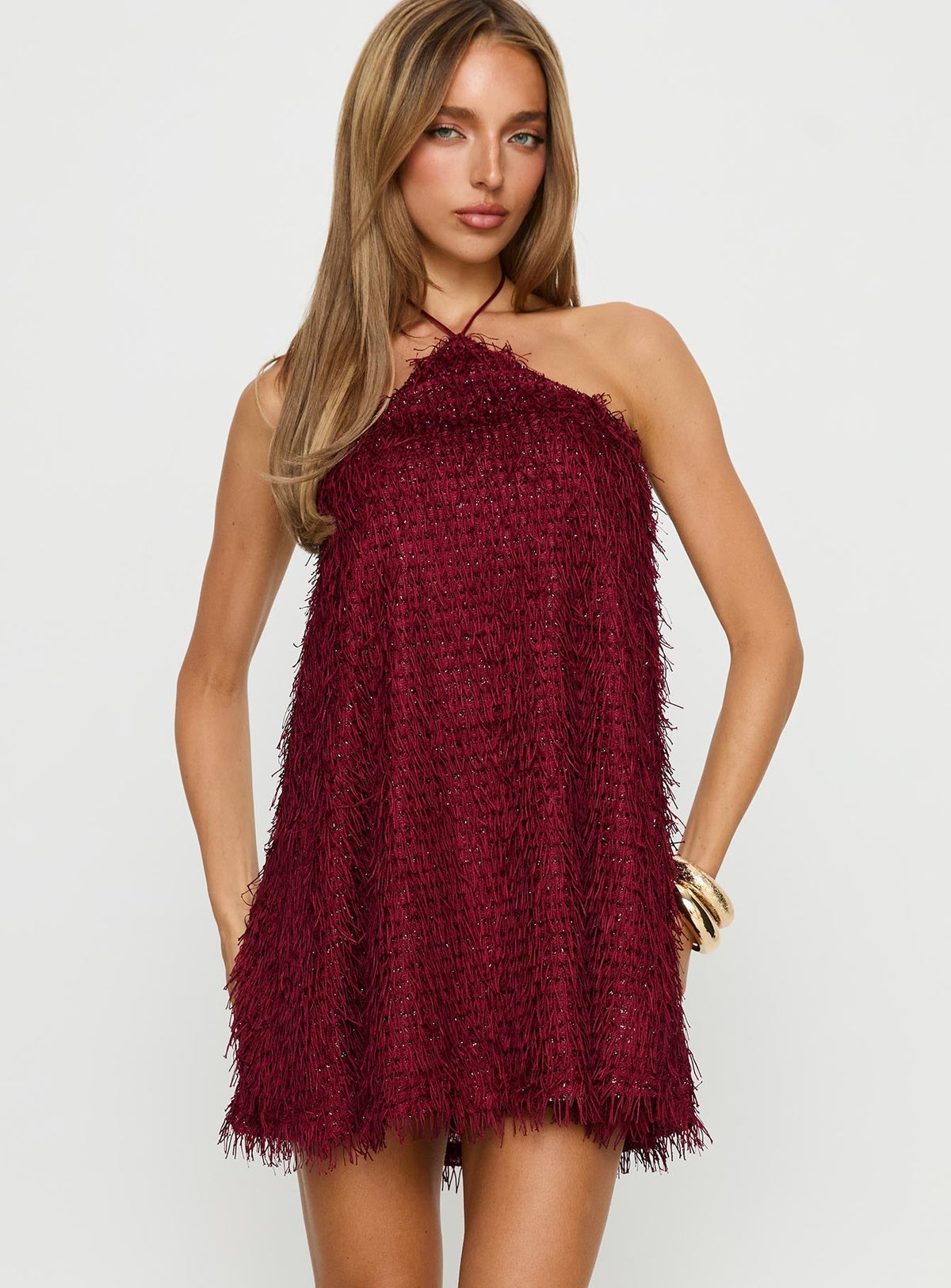 Koressa Halter Fringe Mini Dress Burgundy