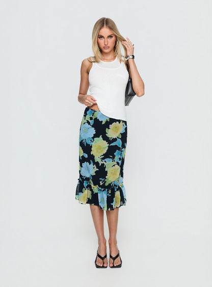 Tarla Midi Skirt Crystal Black Flower