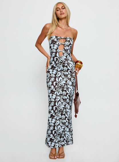 Saijana Strapless Maxi Dress Blue / Brown Floral