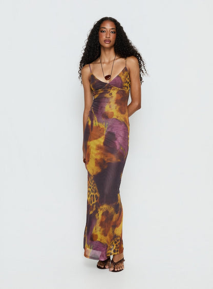 Saphrona V Neck Maxi Dress Leopard Blur