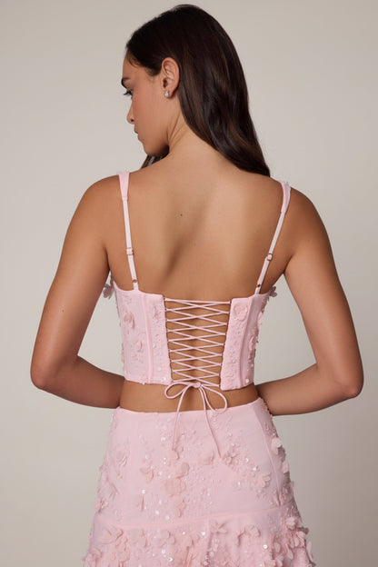Embellished Lace-Up Corset Top in Soft Pink