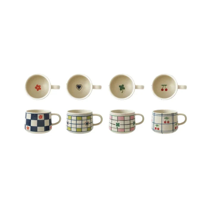 Collection of eight 12 OZ hand-painted stoneware mugs with floral and fruit patterns