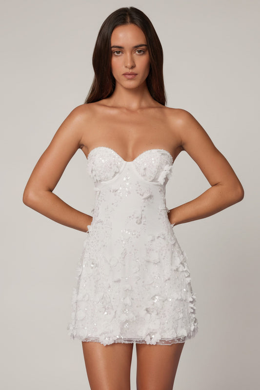Embellished Bandeau A-line Mini Dress in White