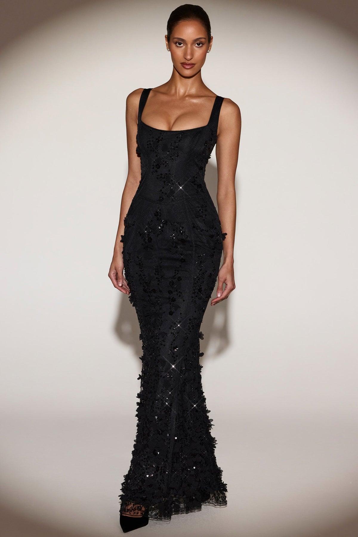 Embellished Appliqué Soft-Scoop Corset Gown in Black