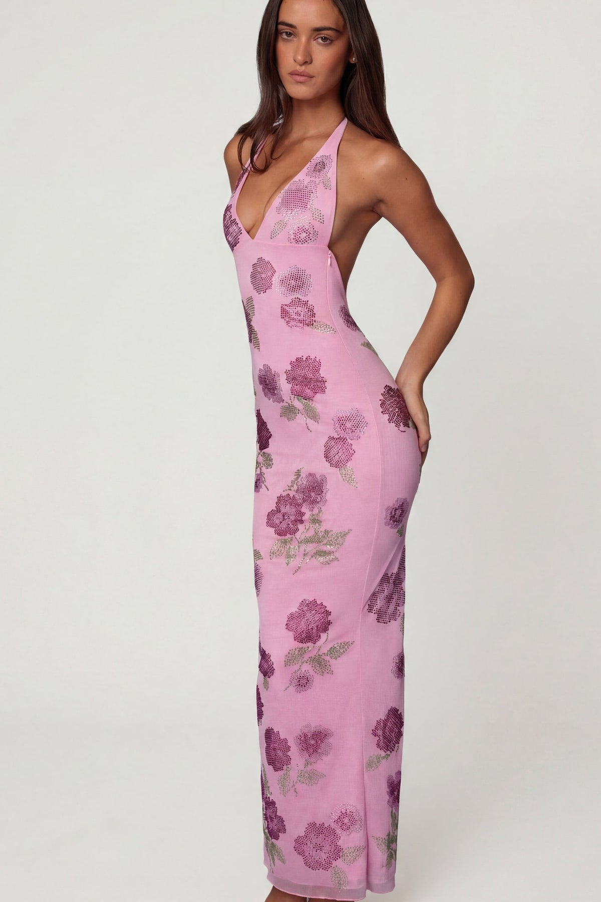 Embellished Halterneck Maxi Dress in Soft Pink