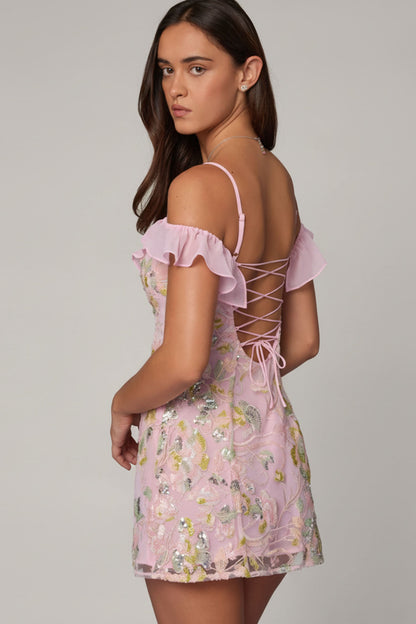 Embellished Lace-Up A-Line Mini Dress in Soft Pink
