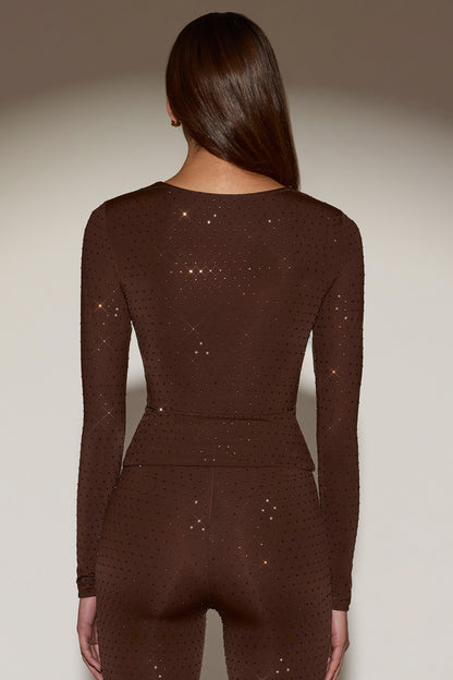 Embellished Crew-Neck Long-Sleeve Top in Chocolate Brown