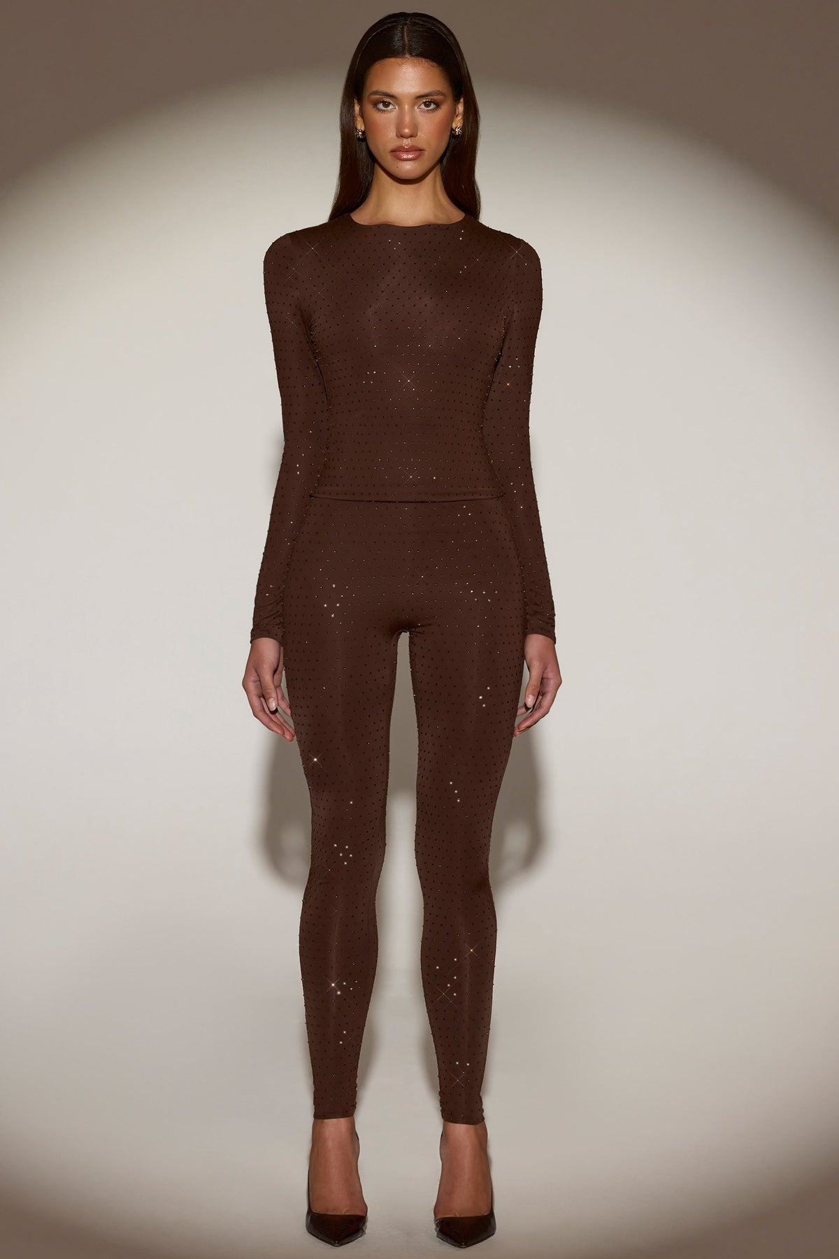 Embellished Crew-Neck Long-Sleeve Top in Chocolate Brown