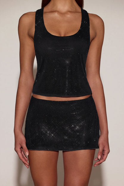 Embellished Jersey Scoop-Neck Racerback Top in Black