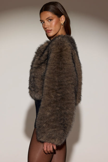 Cropped Faux-Fur Jacket in Chocolate Brown