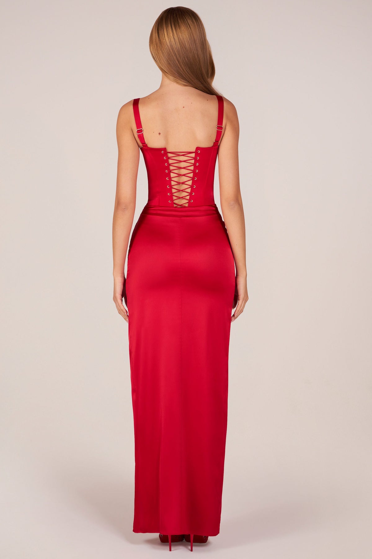 Corseted Thigh-High Split Maxi Dress in Rose Red