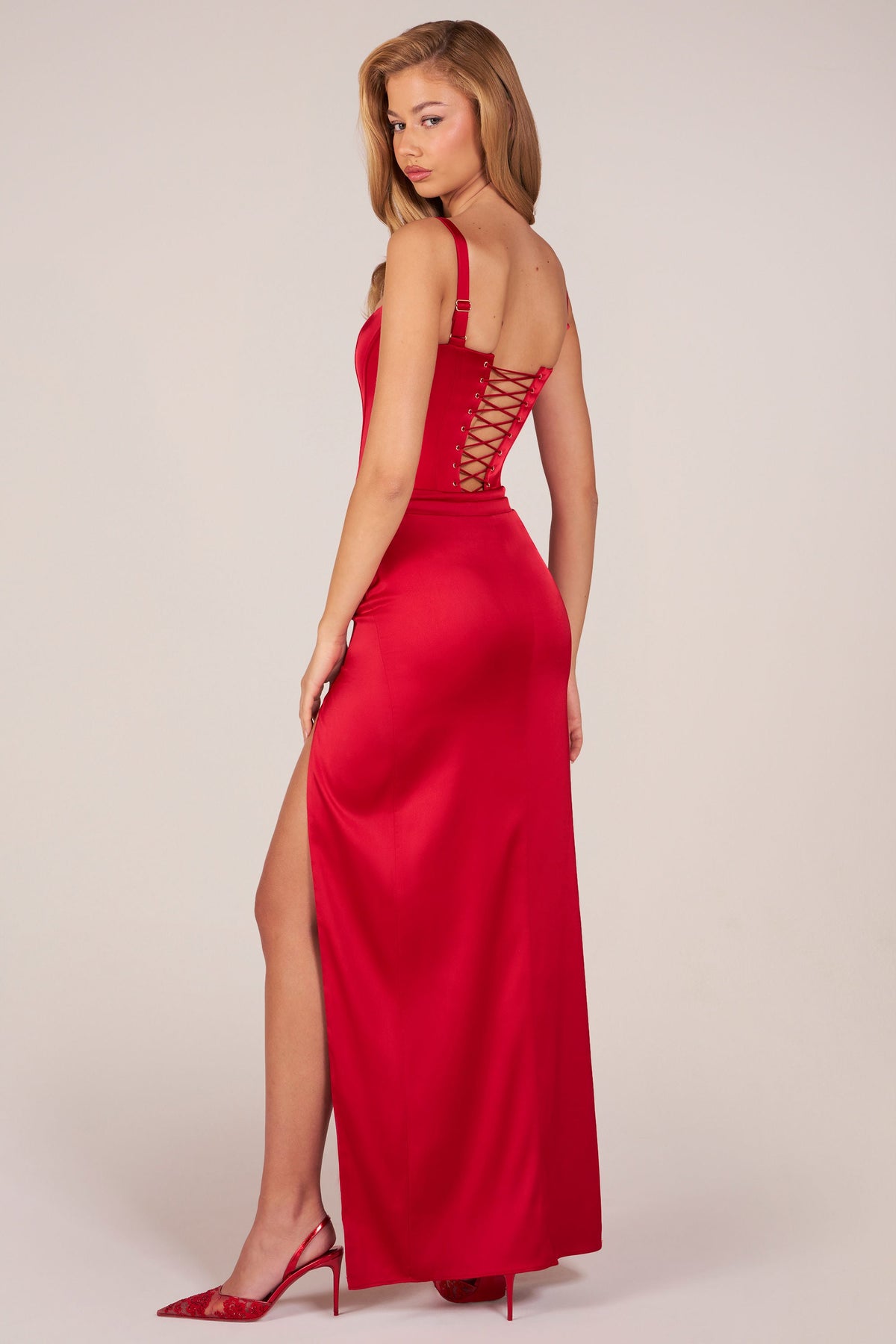 Corseted Thigh-High Split Maxi Dress in Rose Red