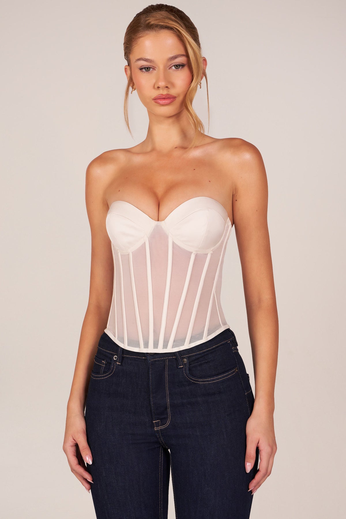 Bandeau Lace-Up Corset Top  in Ivory