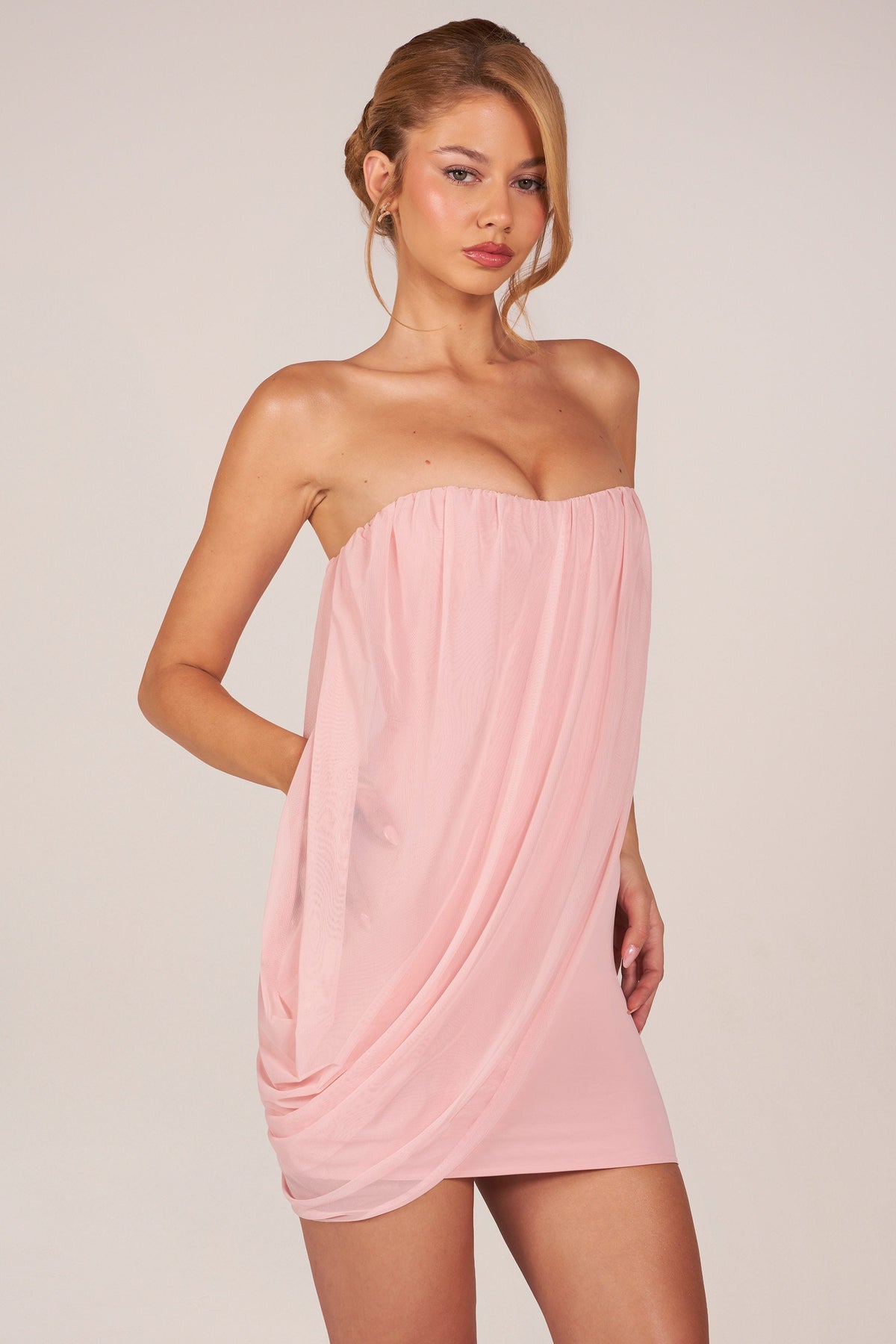 Bandeau Draped Mini Dress in Blush Pink