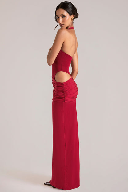 Deep Plunge Halterneck Maxi Dress in Cherry Red
