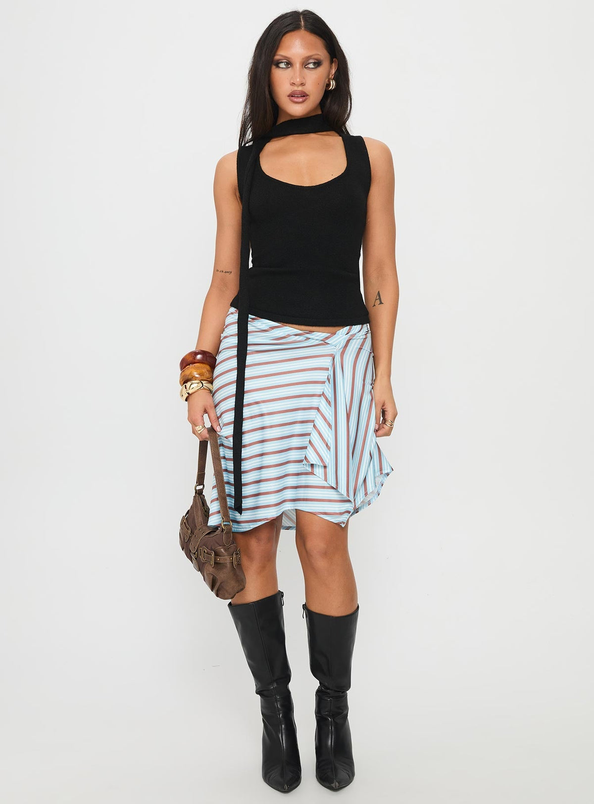 Roana Reversible Scarf Tie Knit Top Black