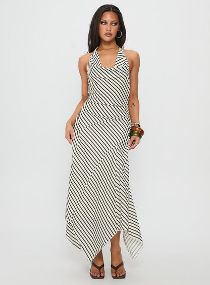 Junipa Halter Asymmetrical Maxi Dress White Stripe