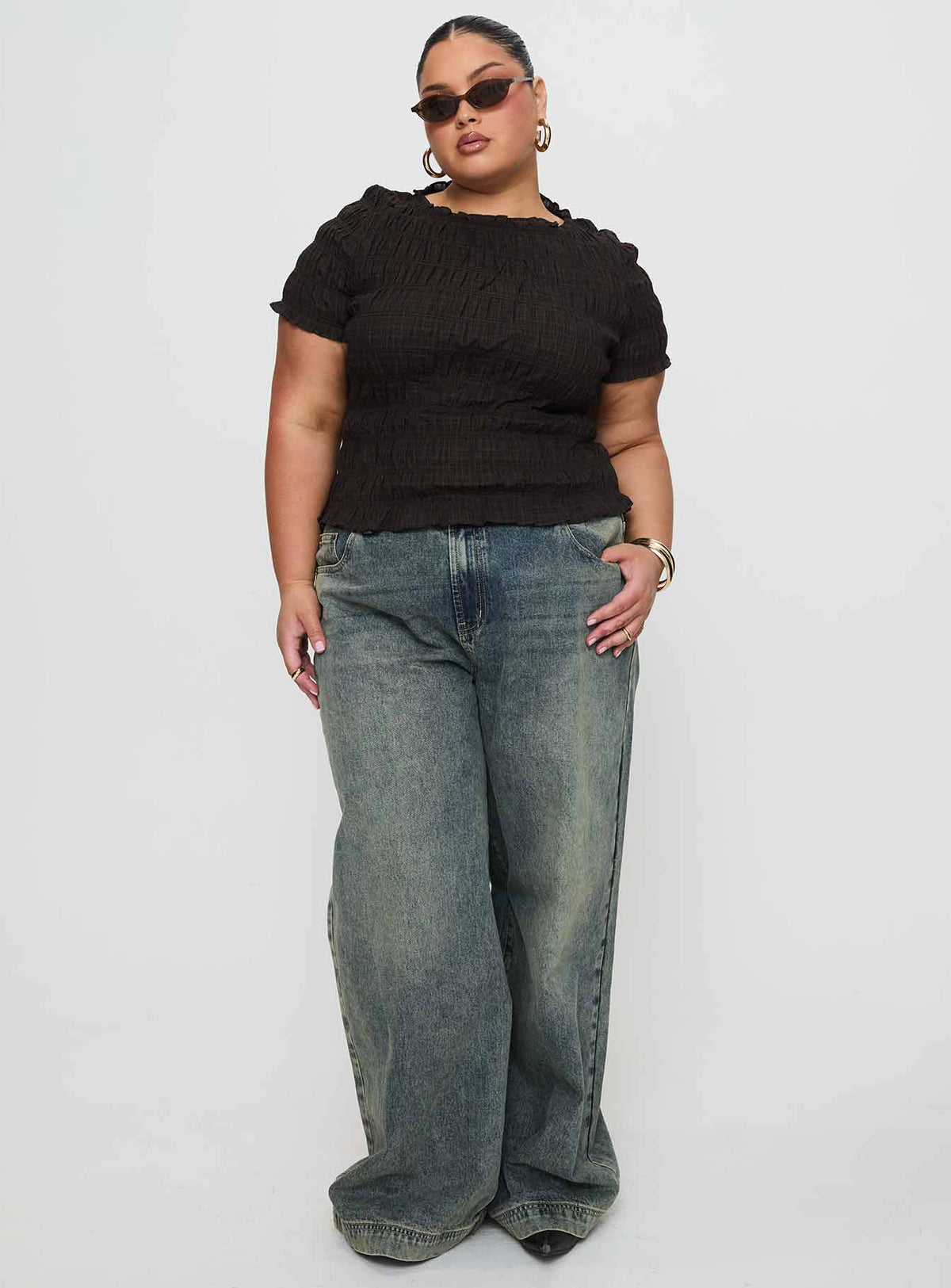 Romelle Shirred Top Black / Brown Plaid