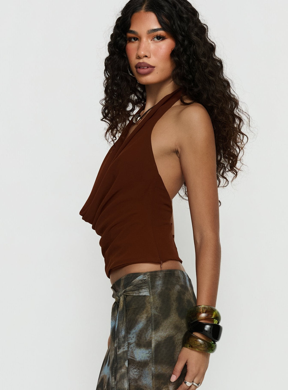 Annina Plunge Neck Backless Halter Top Chocolate