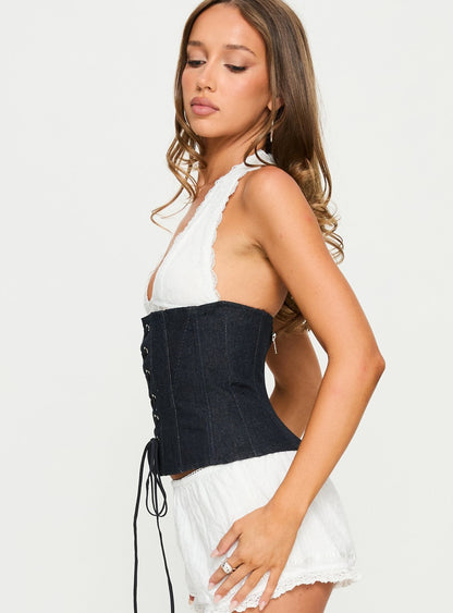 Dreamfields Lace Up Corset Top Dark Denim / White