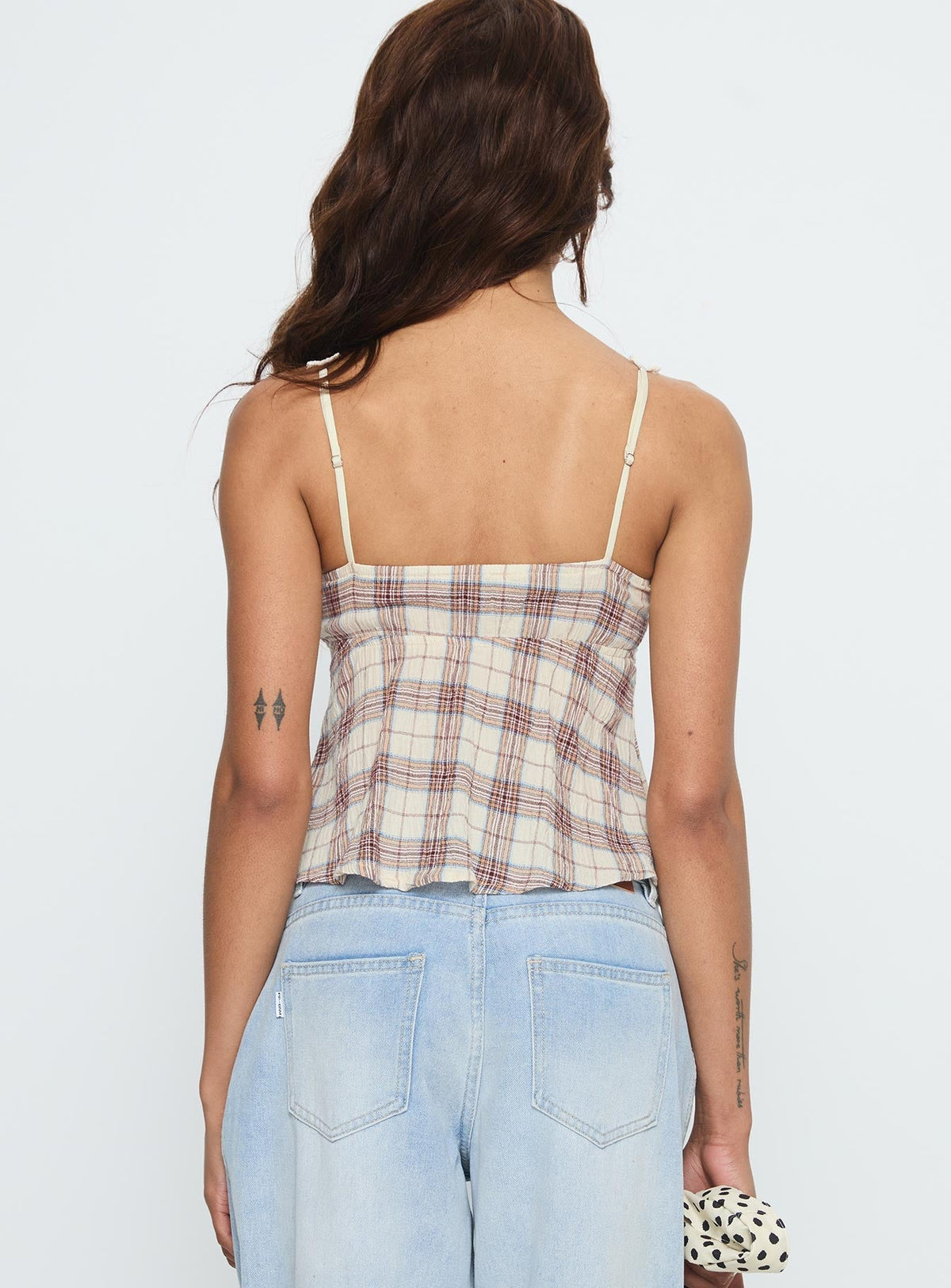 Pretty It Up Tie Detail Top Beige Check