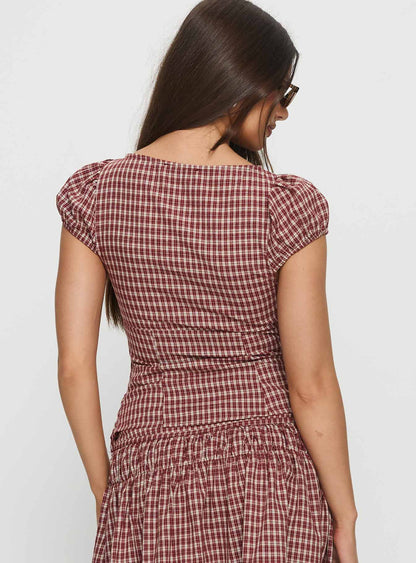 Alixandra Puff Sleeve Blouse Top Red Check