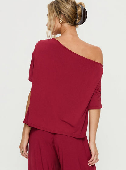 Cozy Hour Sleep Relaxed Off Shoulder Top Red