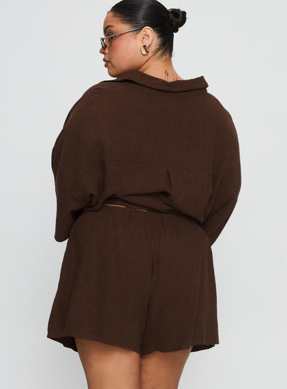 Peni Drawstring Linen Shorts Chocolate Curve