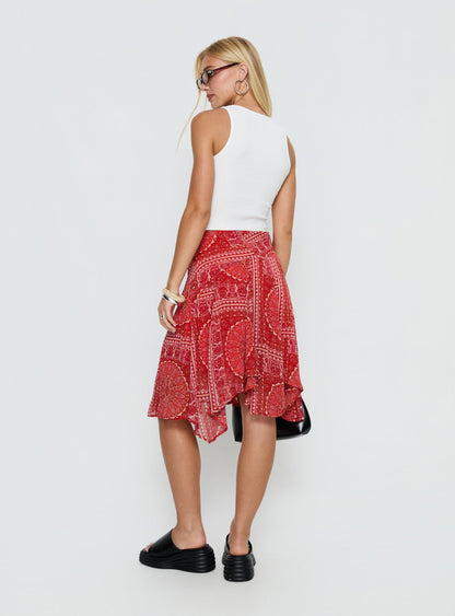 Raenah Asymmetrical Midi Skirt Red Paisley