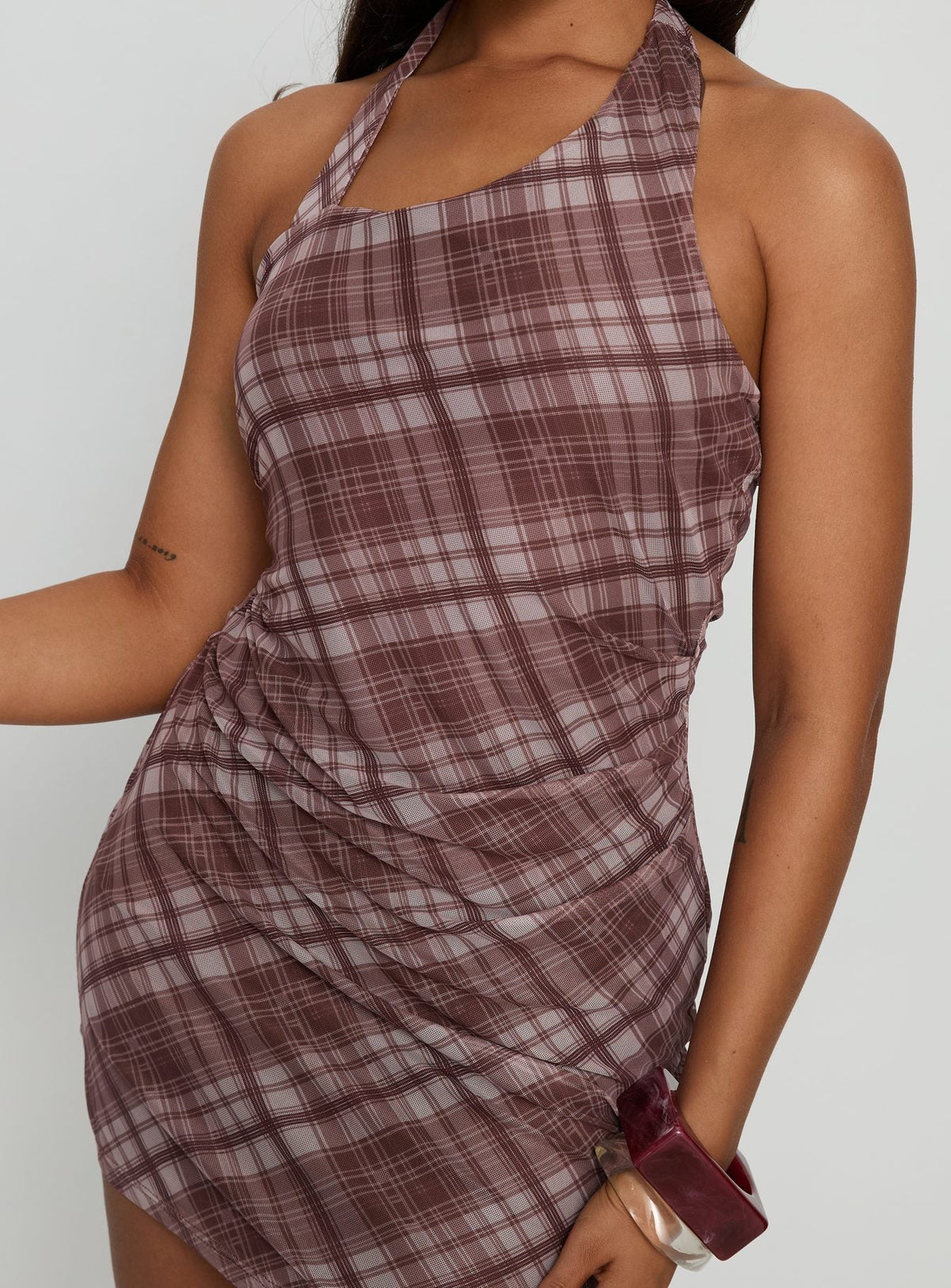 Kastles Halter Cut Out Mini Dress Brown Check
