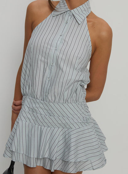 Soreia Halter Tiered Mini Dress Blue Stripe
