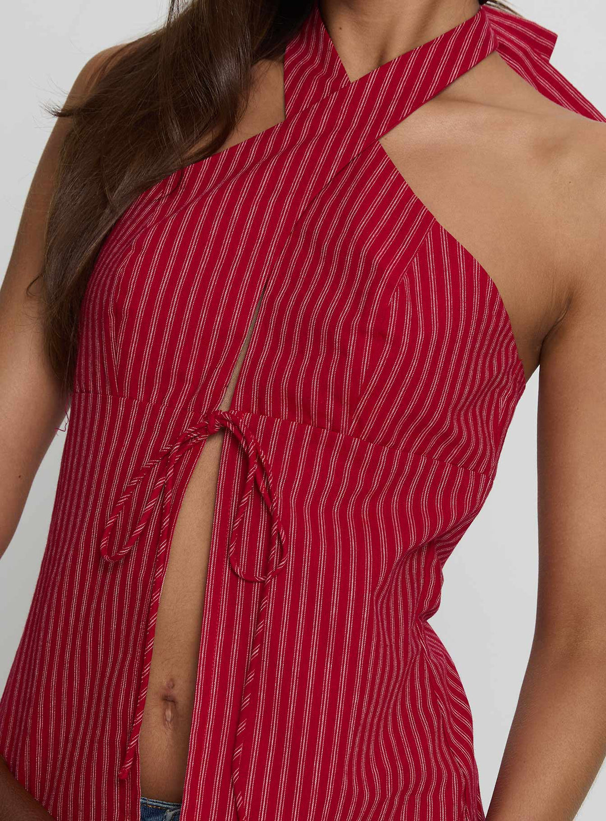 Sensational Cross Front Tie Detail Top Red Stripe